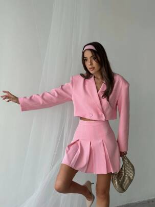 ANNA İKİLİ ETEK CROP CEKET PEMBE TAKIM 