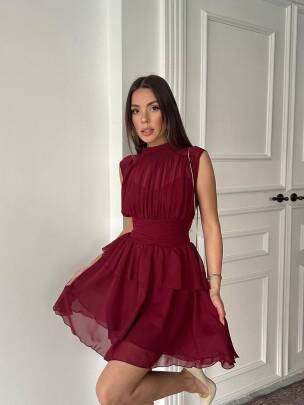 ARON KOLSUZ MİNİ ŞİFON BORDO ELBİSE 