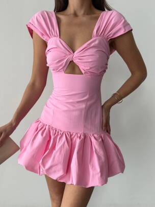 AVELİS PENCERE DETAYLI BALON ETEK MİNİ PEMBE ELBİSE 