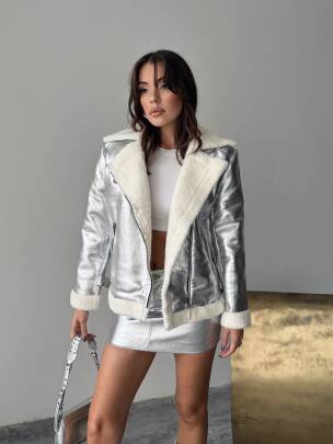 BELİNDA Parlak Deri Ceket 234062 - Gümüş - MAXMOOR