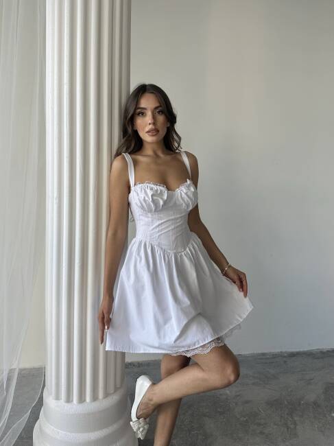 BELLA KORSE DANTEL DETAYLI MİNİ POPLİN BEYAZ ELBİSE - 6