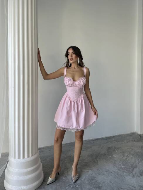 BELLA KORSE DANTEL DETAYLI MİNİ POPLİN PEMBE ELBİSE - 1