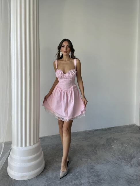 BELLA KORSE DANTEL DETAYLI MİNİ POPLİN PEMBE ELBİSE - 3