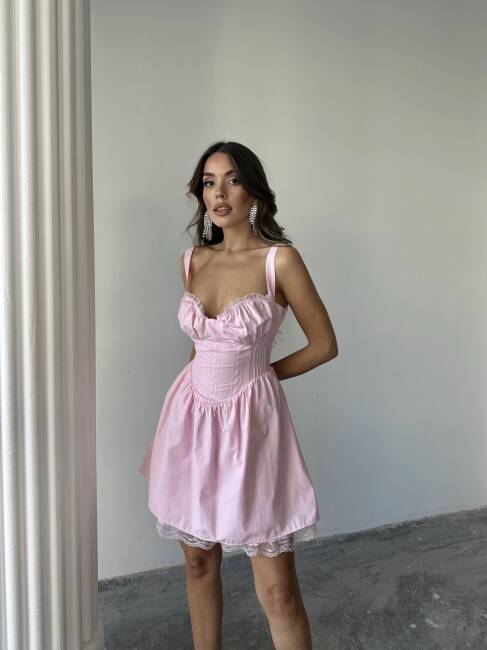 BELLA KORSE DANTEL DETAYLI MİNİ POPLİN PEMBE ELBİSE - 5