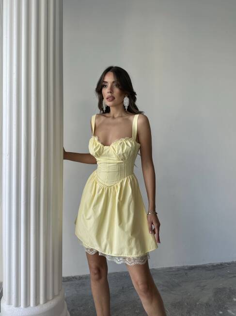 BELLA KORSE DANTEL DETAYLI MİNİ POPLİN SARI ELBİSE - 4