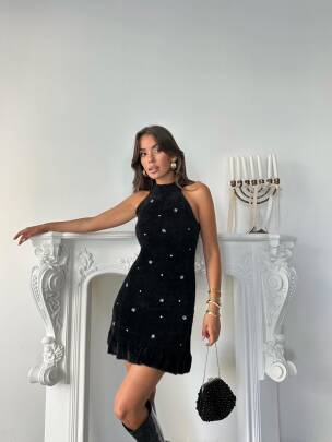 BETALİS Taşlı Triko Elbise 245011 - Siyah 
