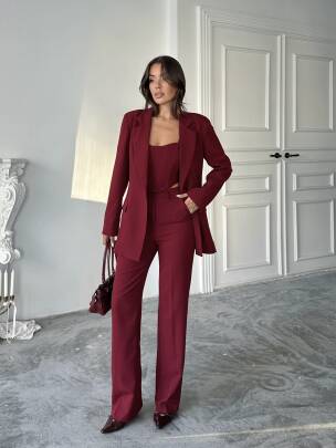 CARNAT Crop Ceket Pantolon Takım 2239 - Bordo 