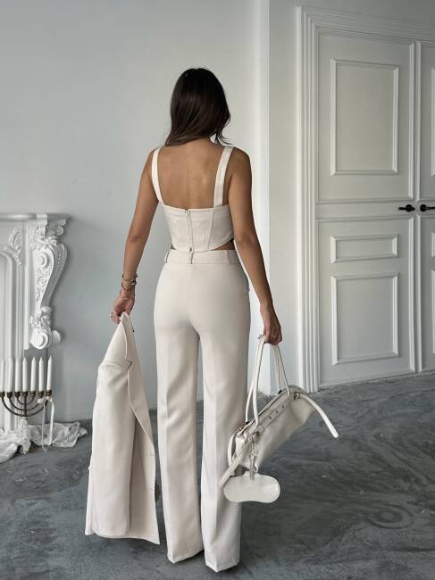 CARNAT Crop Ceket Pantolon Takım 2239 - Krem - 2