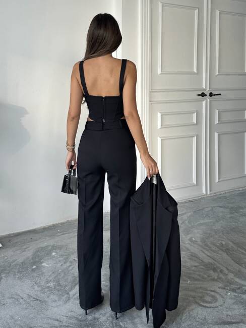 CARNAT Crop Ceket Pantolon Takım 2239 - Siyah - 3