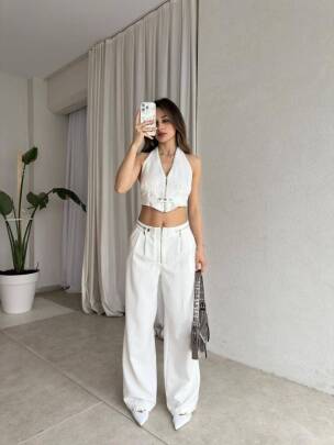 DUALS FERMUARLI SIRT DEKOLTELİ CROP PANTOLON BEYAZ TAKIM 