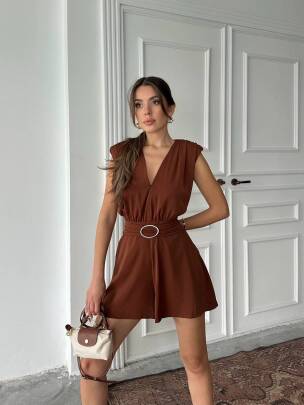 ELİJAH KEMERLİ V YAKA KAHVERENGİ TULUM 
