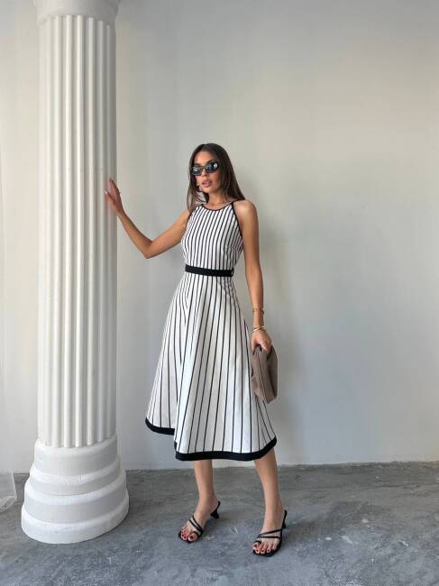 EVELYN Çizği Detaylı Midi Elbise 3062 - Beyaz - 2