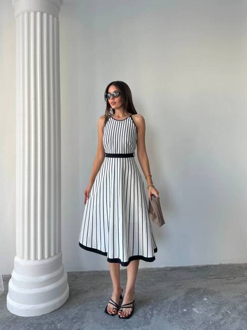 EVELYN Çizği Detaylı Midi Elbise 3062 - Beyaz - 4