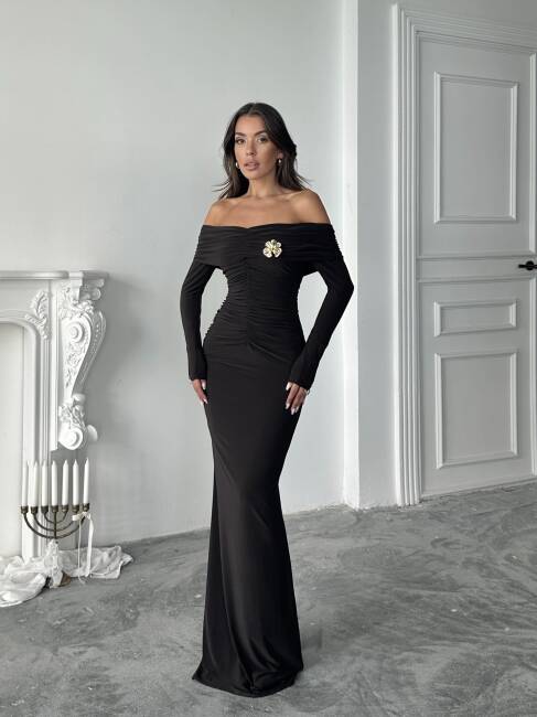  GRACE Broş Detaylı Elbise 3072 - Acı Kahve - 1
