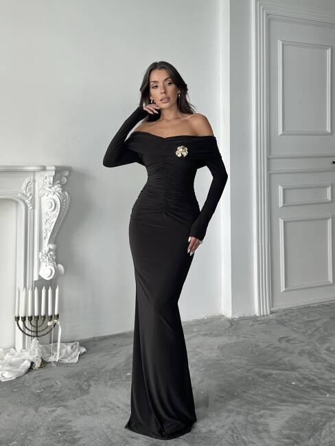  GRACE Broş Detaylı Elbise 3072 - Acı Kahve - 3