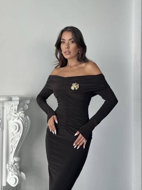  GRACE Broş Detaylı Elbise 3072 - Acı Kahve - 5
