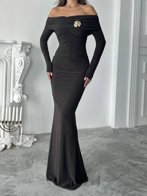  GRACE Broş Detaylı Elbise 3072 - Acı Kahve - 6