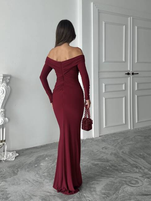  GRACE Broş Detaylı Elbise 3072 - Bordo - 3