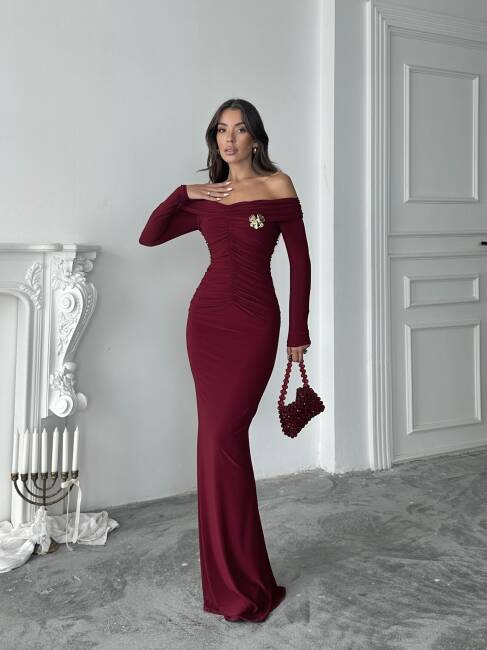  GRACE Broş Detaylı Elbise 3072 - Bordo - 1