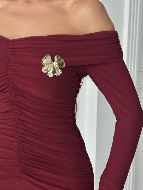  GRACE Broş Detaylı Elbise 3072 - Bordo - 5