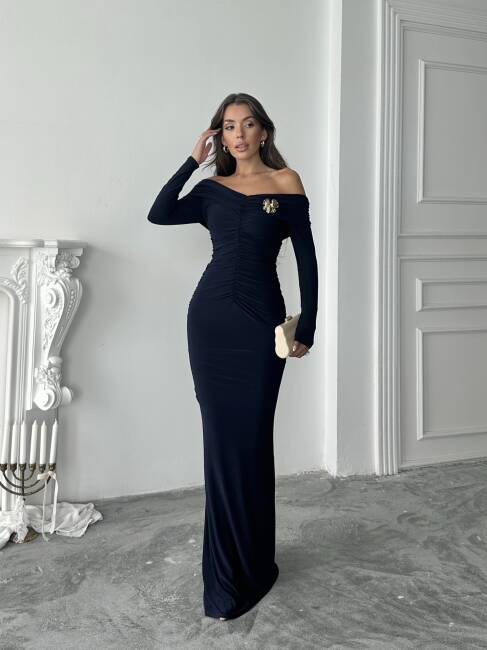  GRACE Broş Detaylı Elbise 3072 - Lacivert - 1