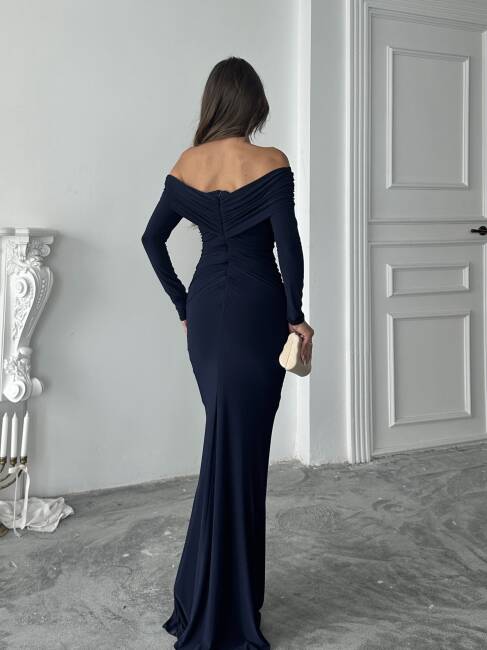  GRACE Broş Detaylı Elbise 3072 - Lacivert - 3