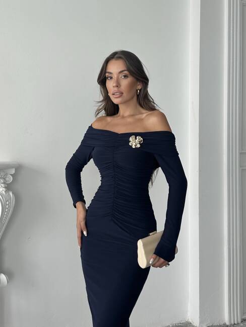  GRACE Broş Detaylı Elbise 3072 - Lacivert - 5