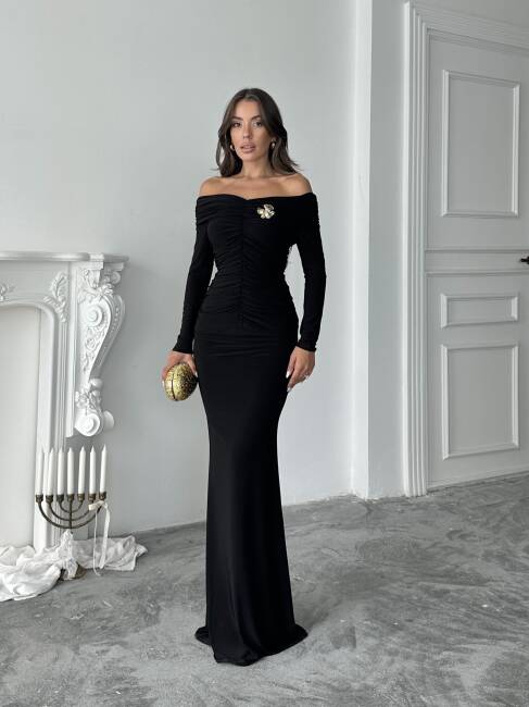  GRACE Broş Detaylı Elbise 3072 - Siyah - 1