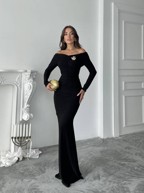  GRACE Broş Detaylı Elbise 3072 - Siyah - 4