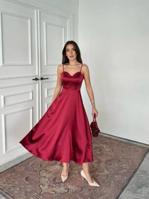HANAN SATEN ASKILI MİDİ PRENSES BORDO ELBİSE 