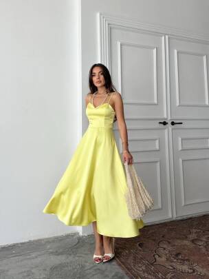 HANAN SATEN ASKILI MİDİ PRENSES SARI ELBİSE 