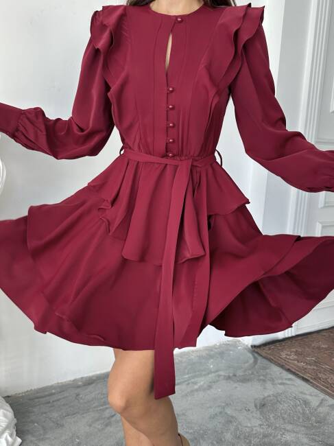 HAZEL Kuşaklı Elbise 1242 - Bordo - 2