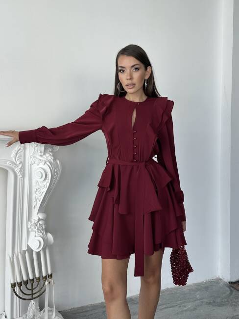 HAZEL Kuşaklı Elbise 1242 - Bordo - 3