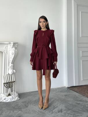 HAZEL Kuşaklı Elbise 1242 - Bordo 