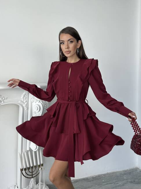 HAZEL Kuşaklı Elbise 1242 - Bordo - 4