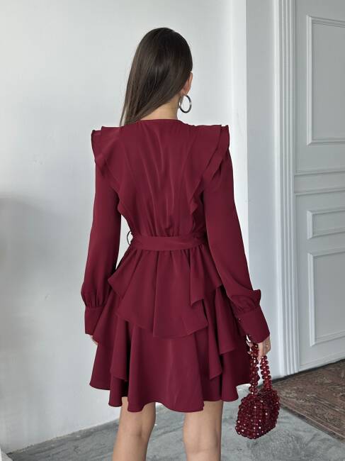HAZEL Kuşaklı Elbise 1242 - Bordo - 5