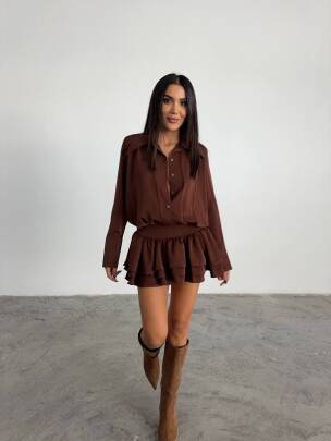 JANA KATLI BEL DETAYLI MİNİ TİRİL GOMLEK KAHVERENGİ ELBİSE 