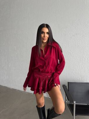 JANA KATLI BEL DETAYLI MİNİ TİRİL GOMLEK BORDO ELBİSE 