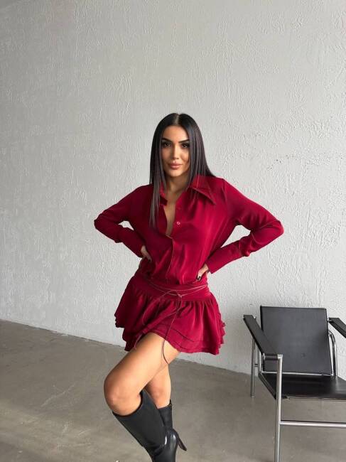 JANA KATLI BEL DETAYLI MİNİ TİRİL GOMLEK BORDO ELBİSE - 2