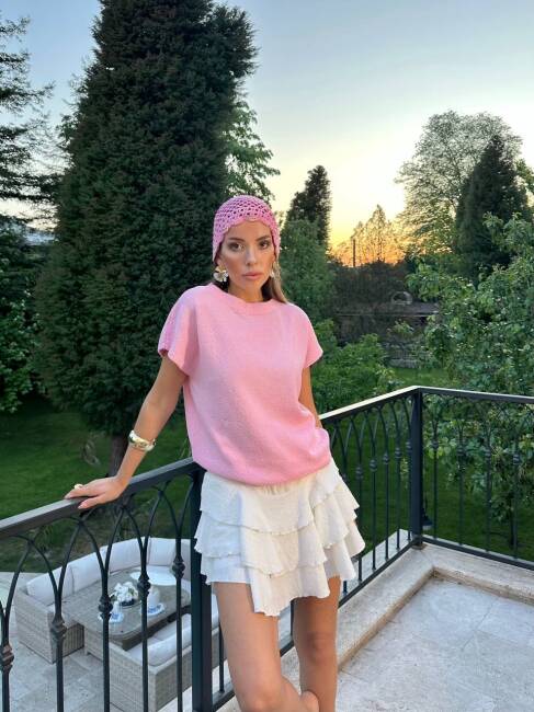 JASMİNE KISA KOL OVERSİZE TRİKO PEMBE BLUZ - 2