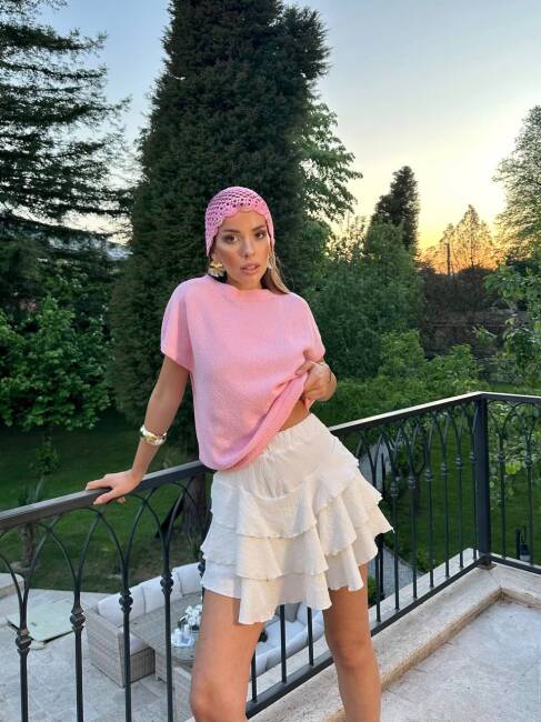 JASMİNE KISA KOL OVERSİZE TRİKO PEMBE BLUZ - 3