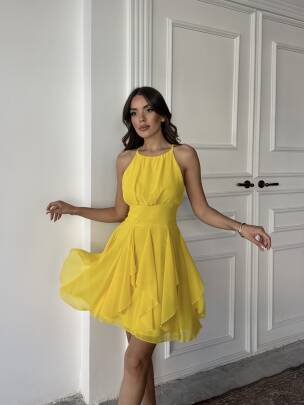 LİMEİRA ŞİFON OMUZ DEKOLTELİ SARI ELBİSE 