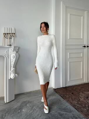 LİNY Triko Elbise 245005 - Beyaz 