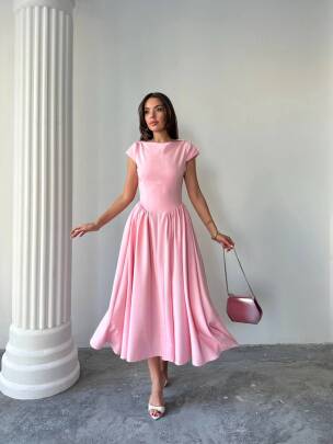 MAGNOLİA Sırt Dekolteli Midi Elbise 1220 - Pembe 