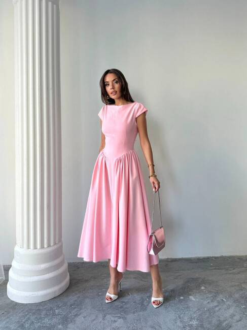 MAGNOLİA Sırt Dekolteli Midi Elbise 1220 - Pembe - 3