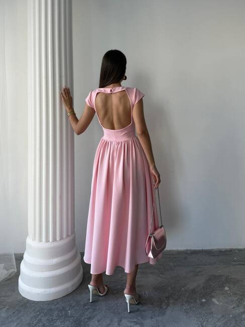 MAGNOLİA Sırt Dekolteli Midi Elbise 1220 - Pembe - 4