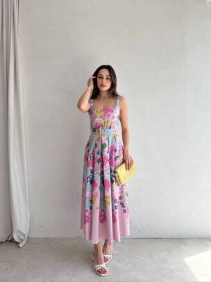 MARİNA Midi Çiçek Kemerli Elbise 3056 - Pembe 