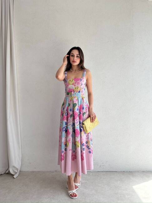 MARİNA Midi Çiçek Kemerli Elbise 3056 - Pembe - 1