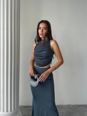 PLUS MAXİ ETEK DRAPELİ LİKRALI HALTER BLUZ ANTRASİT TAKIM 