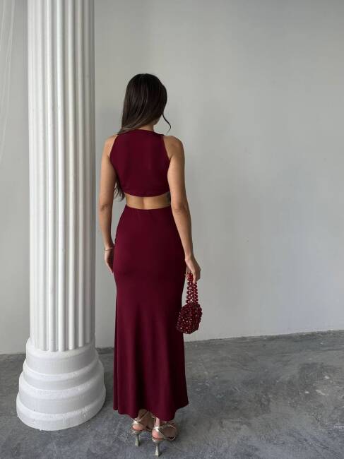 PLUS MAXİ ETEK DRAPELİ LİKRALI HALTER BLUZ BORDO TAKIM - 1
